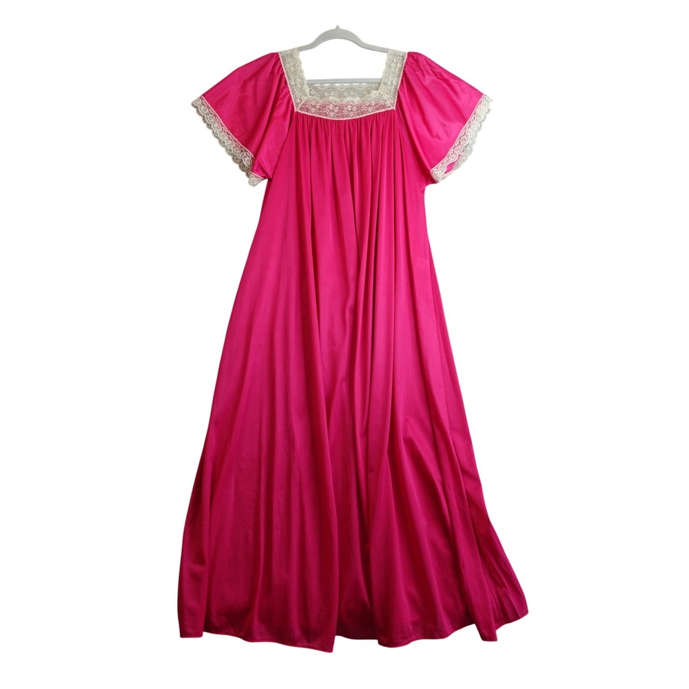 Vintage Hollywood Regency Nightgown OS Hot Pink Lace Coquette‎ 70s Maxi Dress